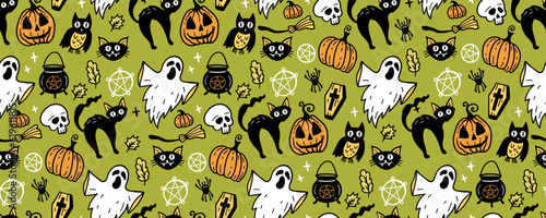Halloween seamless pattern. Vector artwork background with holiday symbols of the day of the dead. Cute autumn design. Scary horror sketch art. Magic wallpaper illustration with ghost and pumpkin