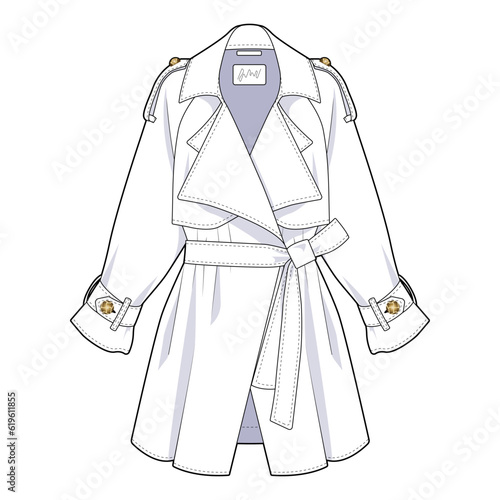 Trench coat front view fashion flat sketch for Tech Pack. Belt, pockets, CAD drawing, black and white, vector graphics for garment production apparel brand, womenswear, outer, classic style