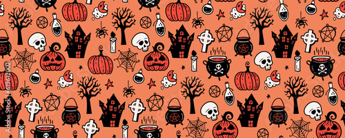 Vector artwork background with holiday symbols of the day of the dead. Halloween seamless pattern. Cute autumn design. Scary horror sketch art. Magic wallpaper illustration with ghost and pumpkin