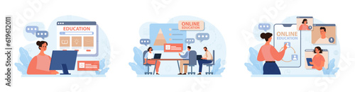 Online education set. Character study remotely using internet, online