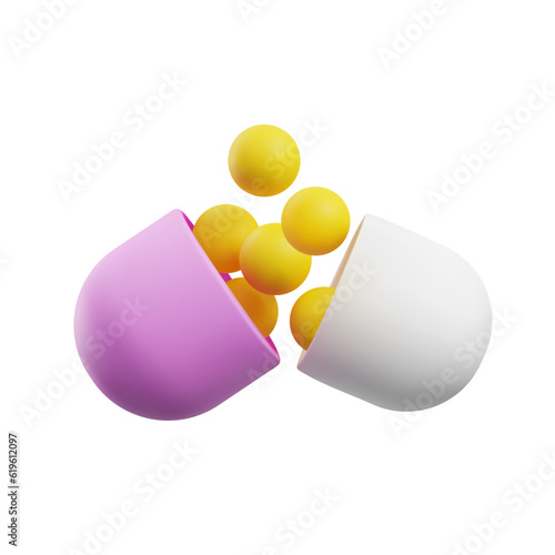 Opened realistic capsule with round yellow substance 3D style
