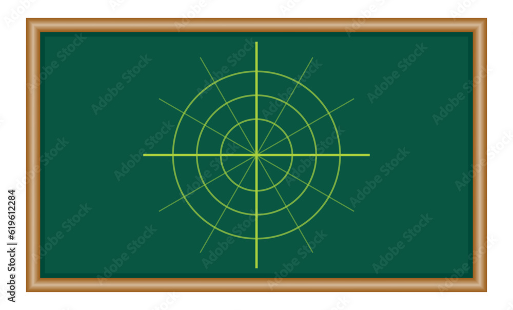 Fototapeta premium Polar coordinate system in mathematics. Polar grid with different angles. Three concentric circles.