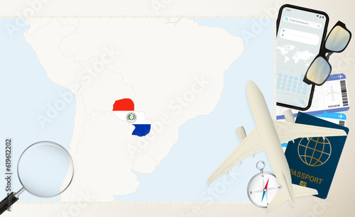 Paraguay map and flag, cargo plane on the detailed map of Paraguay with flag.