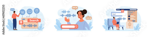 Voice search set. Artificial intelligence virtual assistant. Character