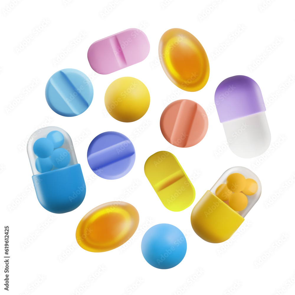 Different pills and capsules, realistic 3D vector illustration isolated on white background.