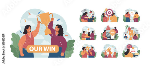 Group of people celebrating an overall victory set. Teamwork or friends