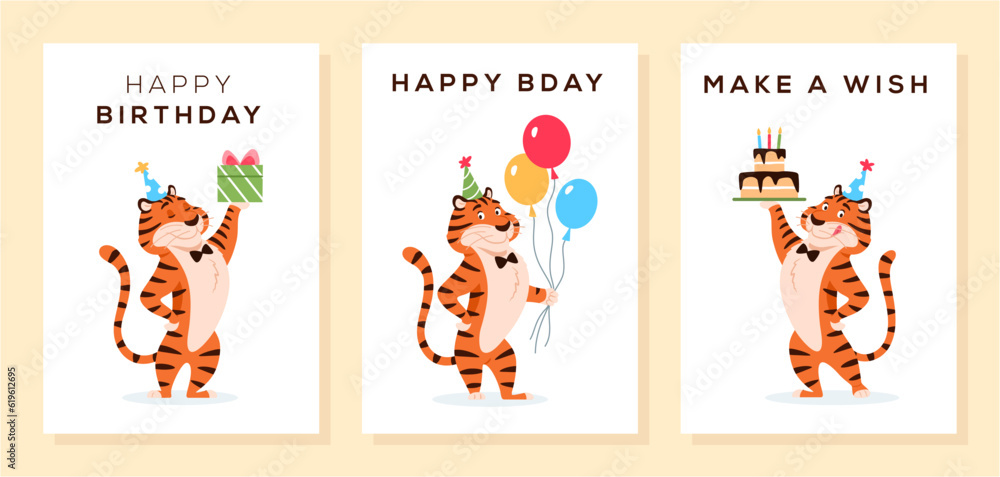 Cartoon smiling tigers in party hat with balloons, cake, present. Happy Birthday, B day, Make a wish greeting cards, invitation design set. Festive birth celebration postcards vector illustration.