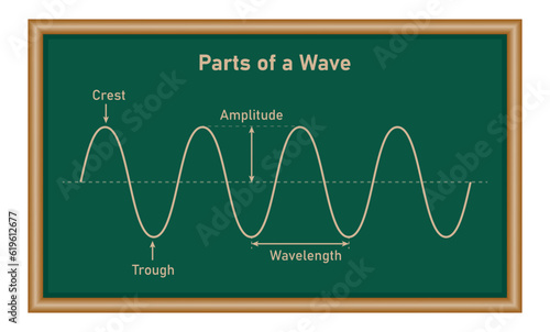 Parts of a transverse wave in physics. The basic properties of waves. Crest, trough, amplitude and wavelength. Mathematics resources for teachers and students.