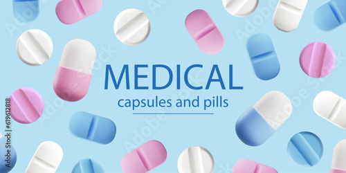 Banner with colorful medical capsules and pills 3D style