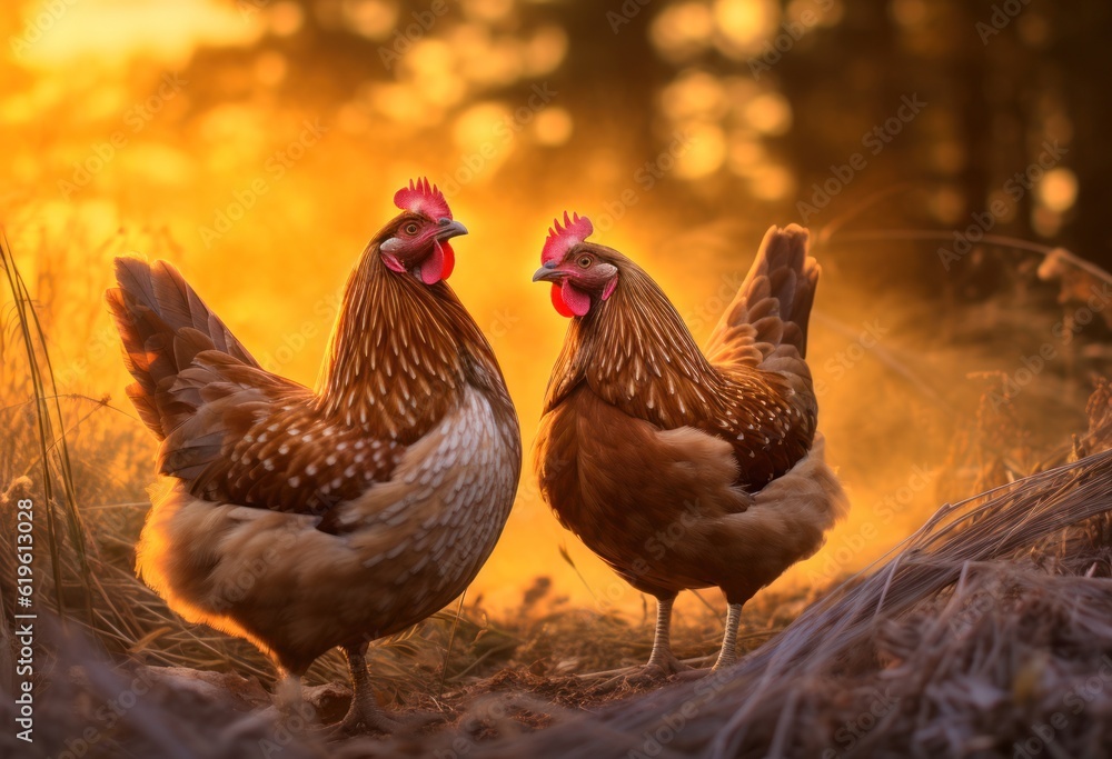 chickens walking around the farm yard. Generative AI