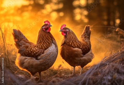 chickens walking around the farm yard. Generative AI © Margo_Alexa