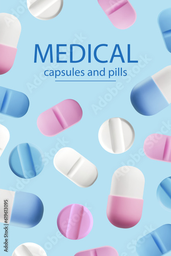 Vertical banner with various medical capsules and pills 3D style