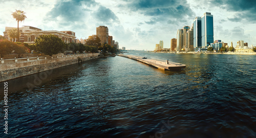 Egypt, Cairo - Panoramic View of Nile River and Modern Skyscrapers, Buildings near Zamalek and Downtown Cairo, Sunset View.