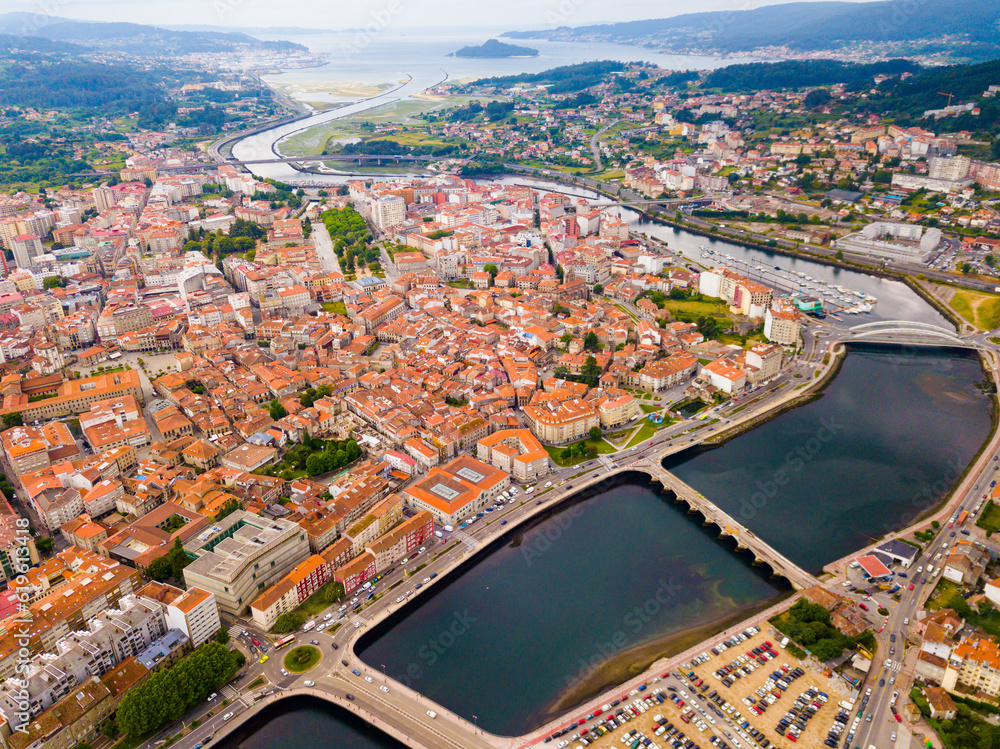 Panoramic view from drone on the city center Pontevedra with embankment of the river Rio Lerez. Galicia. Spain