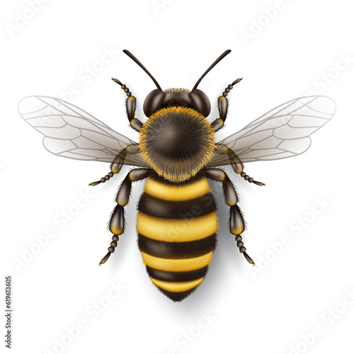 Vector 3d Realistic Detailed Honey Bee Icon Closeup Isolated on White Background. Queen Honeybee Design Template, Vector Illustration of Bee in Macro, Top VIew