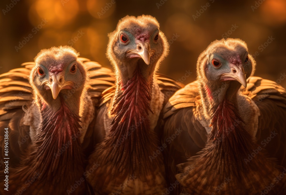 Fototapeta premium close-up three domestic turkey walks in the yard of the poultry farm.Generative AI