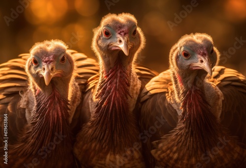  close-up three domestic turkey walks in the yard of the poultry farm.Generative AI