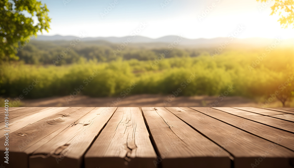 The empty wooden table top with blur background of the forest. Empty tabletop for design on the background of nature. Generative AI The empty wooden table top with blur background of the forest. Empty tabletop for design on the background of nature. Generative AI
