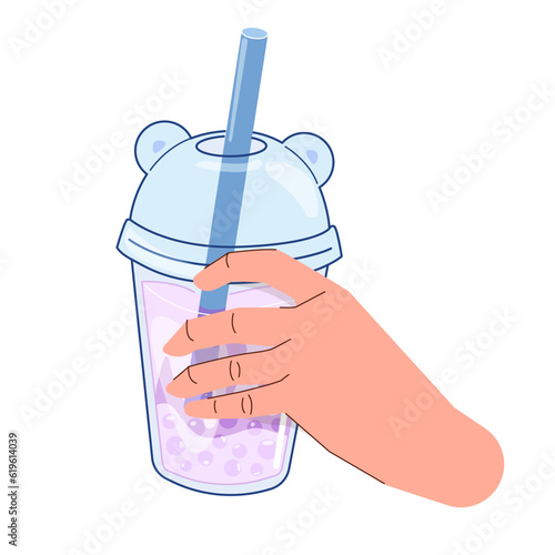 Colorful vector illustration hand holding a drink. Hand with bubble tea. popular Asian drink with milk, bubbles, juice, matcha. Cartoon style. Isolated fashion illustration of boba tea. Cute style