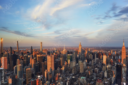 USA, New York, New York City, Aerial view of Manhattan skyscrapers at sunset photo