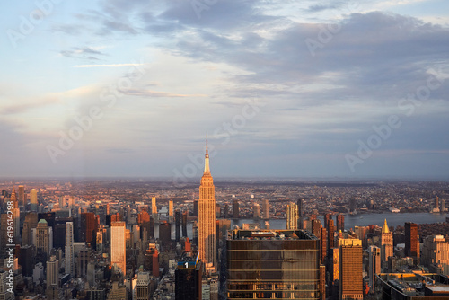 USA, New York, New York City, Aerial view of Manhattan skyscrapers at sunset