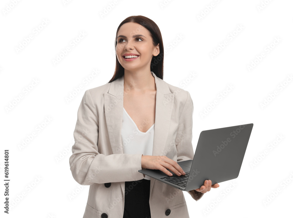 Beautiful businesswoman in suit using laptop on white background Beautiful businesswoman in suit using laptop on white background