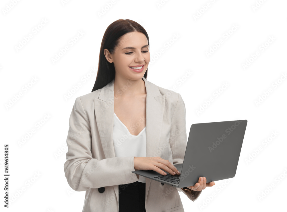 Beautiful businesswoman in suit using laptop on white background Beautiful businesswoman in suit using laptop on white background