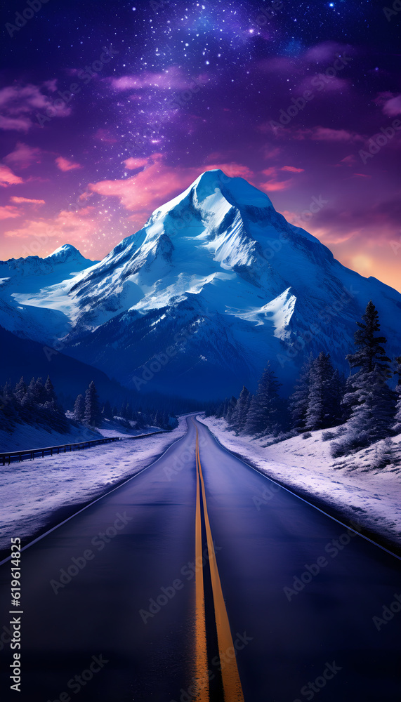 A Road Leading to the Distance through a Mountain Valley with the Milky Way in the Background Generative AI