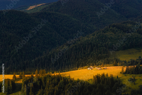 Ukraine, Ivano Frankivsk region, Verkhovyna district, Dzembronya village, Cottages among mountains in Carpathian Mountains photo