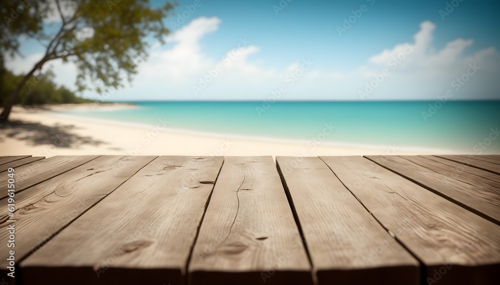 The empty wooden table top with blur background of beach. Empty tabletop for design against the background of the sea or ocean. Generative AI