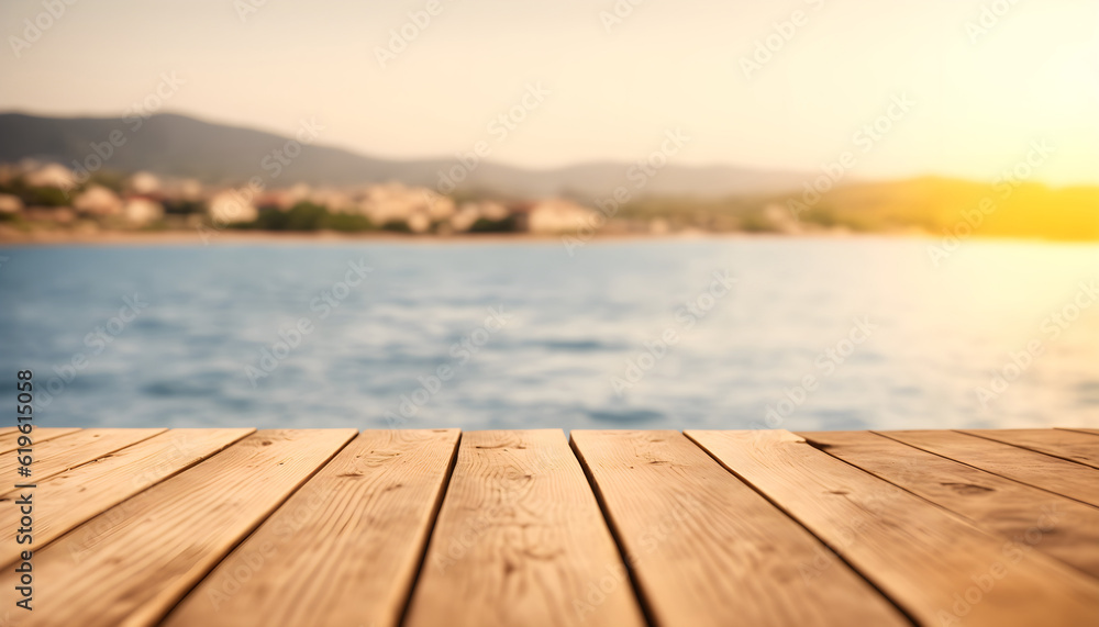The empty wooden table top with blur background of beach. Empty tabletop for design against the background of the sea or ocean. Generative AI