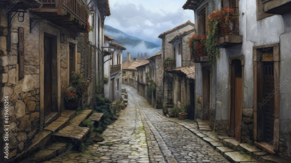narrow old streets of Italy with stone road. Generative AI