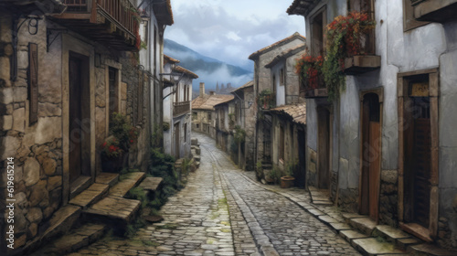 narrow old streets of Italy with stone road. Generative AI