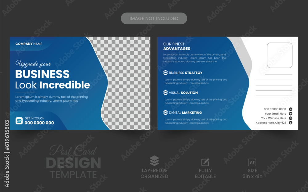 Corporate business post card design template. Business marketing agency promotion post card design. Creative modern digital marketing agency business promotion post card design template.
