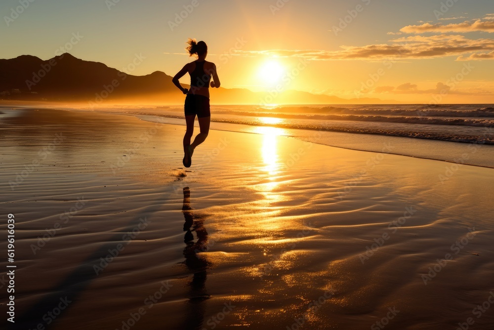 An athlete, running on an isolated beach at the break of dawn. Generative AI An athlete, running on an isolated beach at the break of dawn. Generative AI