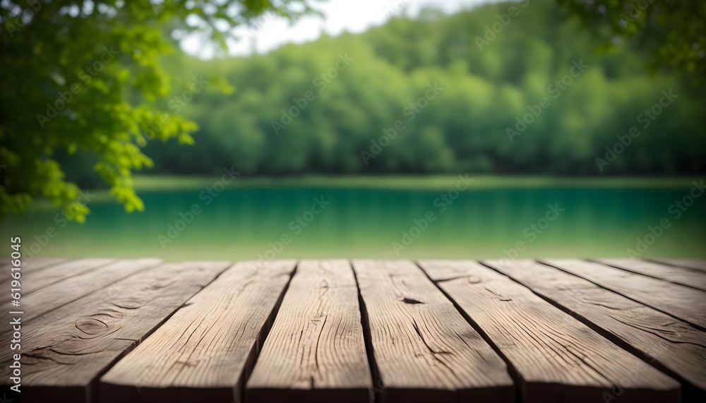 The empty wooden table top with blur background of lakes. Empty tabletop for design against the background of the nature. Generative AI The empty wooden table top with blur background of lakes. Empty tabletop for design against the background of the nature. Generative AI