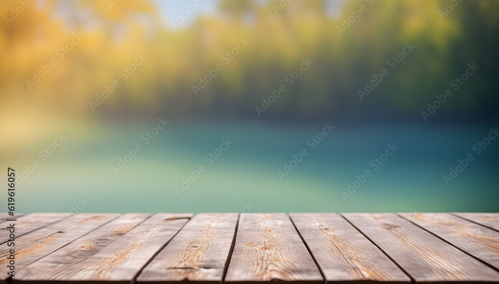 The empty wooden table top with blur background of lakes. Empty tabletop for design against the background of the nature. Generative AI