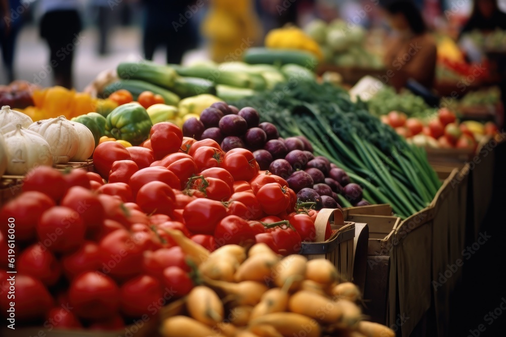 At a bustling farmer's market, vendors display a vibrant array of fresh produce. Generative AI