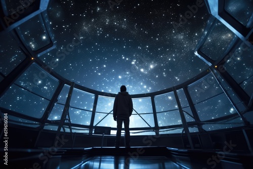 Leinwand Poster At a high - tech observatory, an astronomer peers through a giant telescope into the star - studded sky