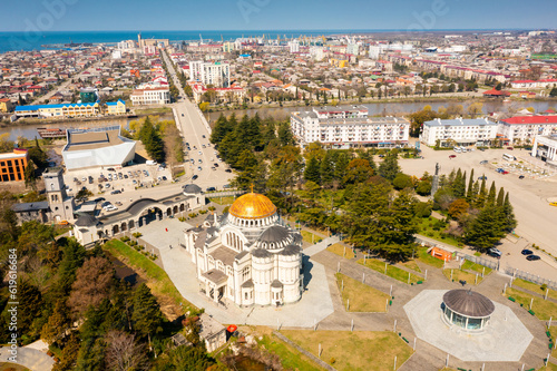 View from drone of Cathedral and center of Poti in spring, Samegrelo-Zemo Svaneti, Georgia