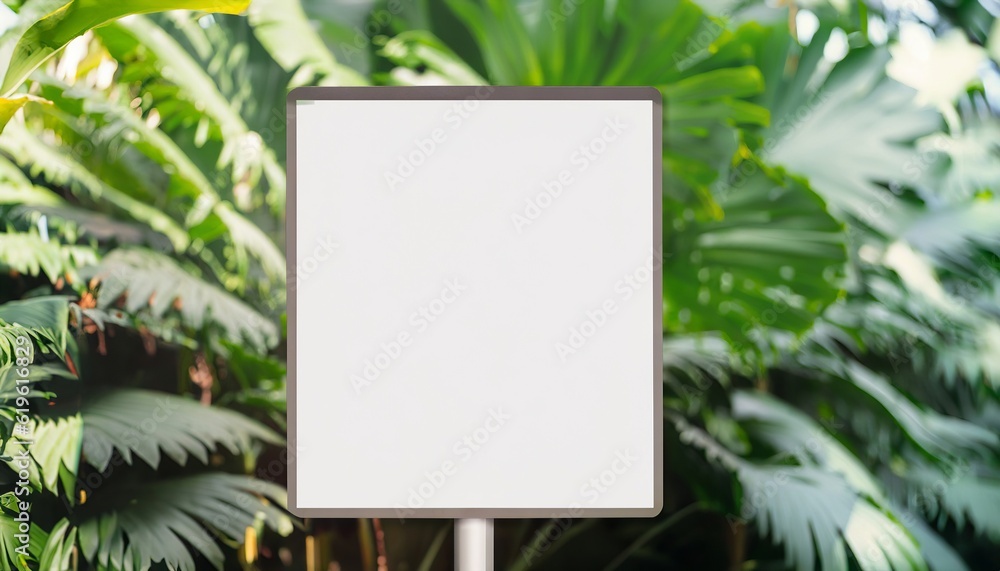 Empty advertising billboard with a background of tropical plants, Generative AI Empty advertising billboard with a background of tropical plants, Generative AI