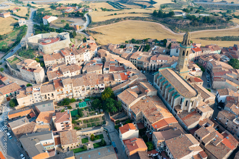 Scenic view from drone of historical center of Calaf town in summer day, Catalonia, Spain