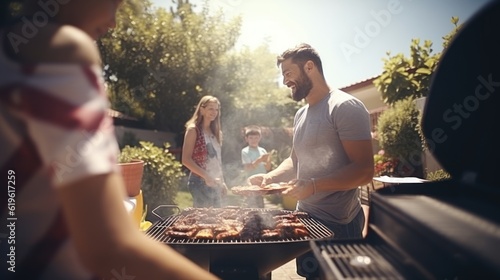 a photo of a american family and friends having a picnic barbeque grill in the garden. having fun eating and enjoying time. sunny day in the summer. Generative AI