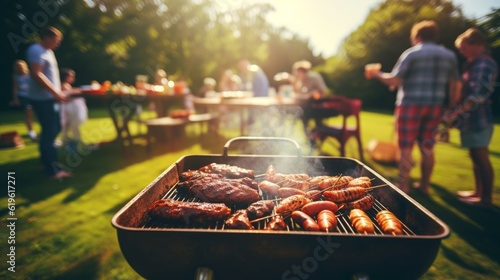 Fotografia, Obraz a photo of a family and friends having a picnic barbeque grill in the garden