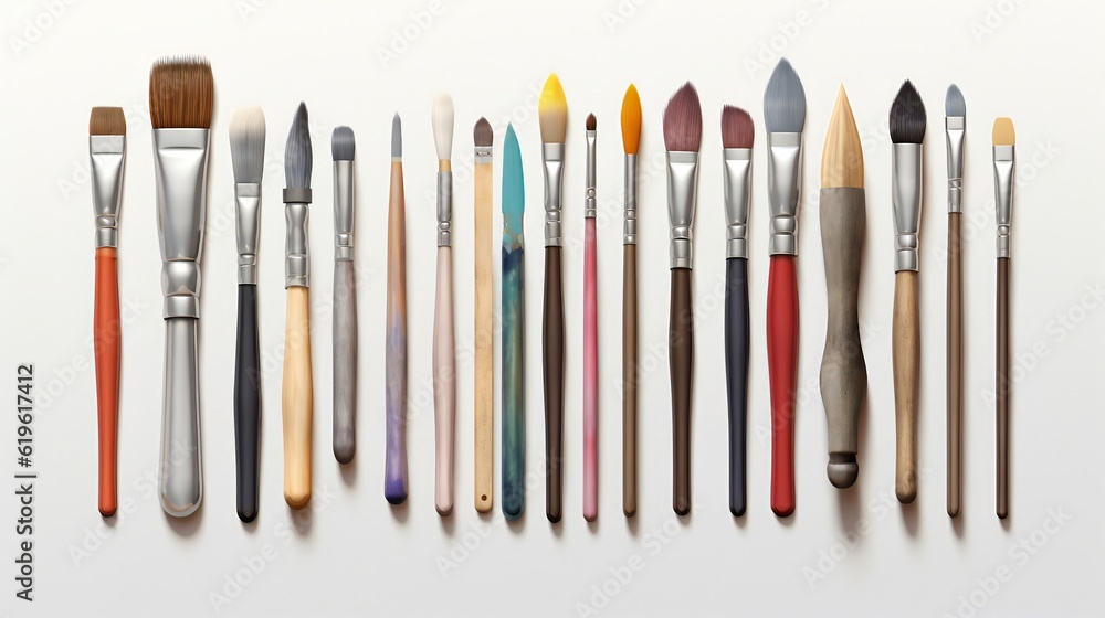 A row of paint brushes lined up on a table A row of paint brushes lined up on a table