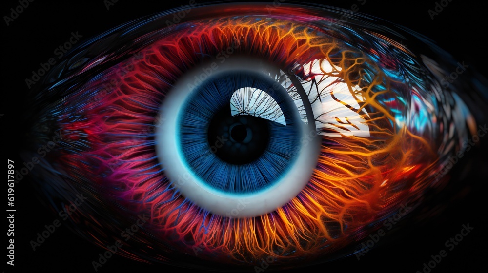 A detailed close-up of a vibrant and colorful iris in an eye