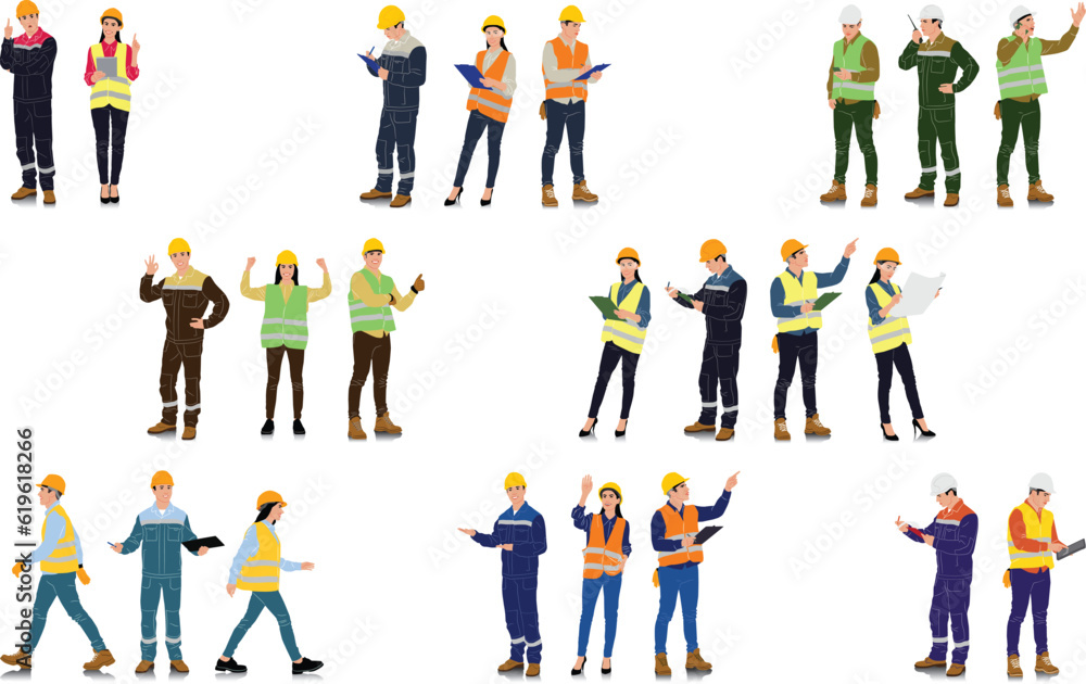 Hand-drawn set of male and female workers with helmets and vests. Workers in different poses and color options. Vector flat style illustration isolated on white
