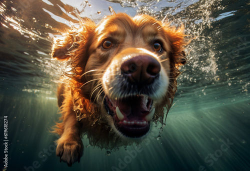 an orange dog swimming underwater from above, in the style of motion blur, wimmelbilder, beautiful, light brown and aquamarine, poolcore, composed, orton effect photo