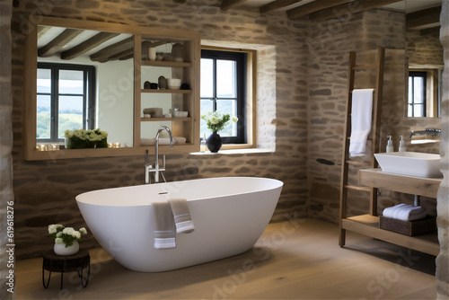 Bright elegant bathroom interior in a luxury house. AI generated content