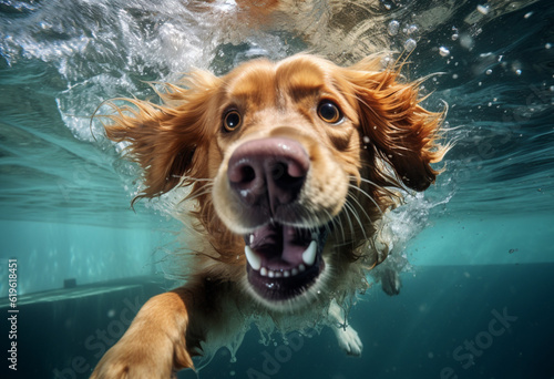 an orange dog swimming underwater from above, in the style of motion blur, wimmelbilder, beautiful, light brown and aquamarine, poolcore, composed, orton effect